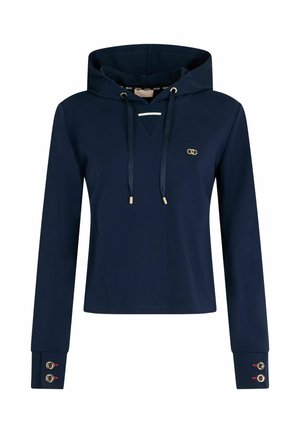 Felpa con cappuccio blu navy, scollo a V, chiusura con cordoncino e dettagli con bottoni dorati sulle maniche. Tessuto morbido e testurizzato.