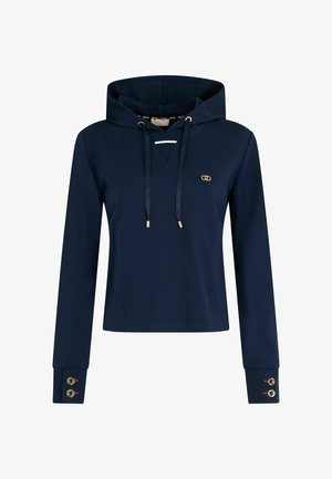 Felpa con cappuccio blu navy, scollo a V, chiusura con cordoncino e dettagli con bottoni dorati sulle maniche. Tessuto morbido e testurizzato.