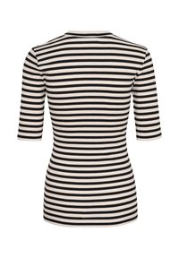 Schwarz-weiße, horizontal gestreifte, kurzärmlige enganliegende Bluse mit rundem Ausschnitt, von hinten auf einem weißen Hintergrund gezeigt.