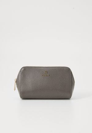 Small gray textured leather pouch with gold zipper and Furla logo on front, standing on a white surface.