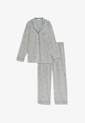 Gray pajama set featuring a button-up shirt with a pocket and long pants, both adorned with light blue bow patterns and blue trim.