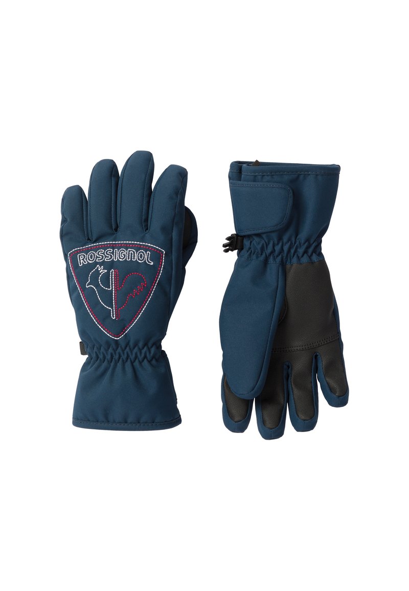 Námořnické modré rukavice s měkkým polstrovaným povrchem, černé kožené akcenty na dlaních a elastickými manžetami na zápěstí. Obsahují výrazné vyšívané logo.