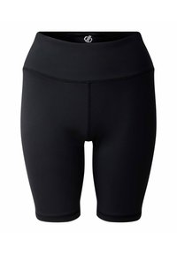 Schwarze Sportshorts aus elastischem Material mit hohem Bund und glatter Textur, flachen Nähten und enganliegendem Design.