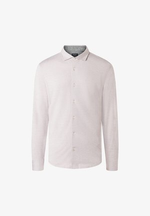 Light grey long-sleeve button-up shirt with a collared neck, soft texture, subtle fabric pattern, and white buttons.