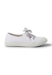 Sneaker bianco in tela con punta rotonda, suola in gomma bianca a contrasto e lacci con motivo floreale. Tessuto testurizzato con dettagli cuciti.