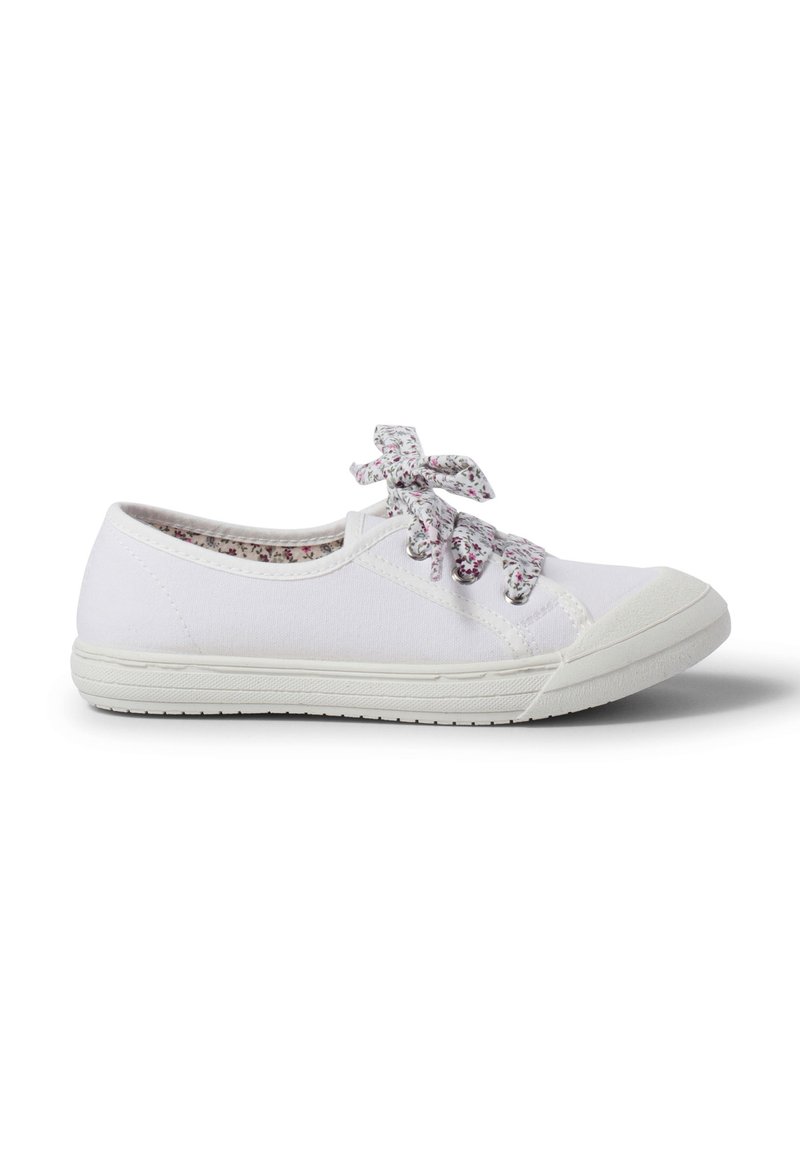 Sneaker bianco in tela con punta rotonda, suola in gomma bianca a contrasto e lacci con motivo floreale. Tessuto testurizzato con dettagli cuciti.