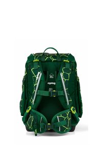 Zaino verde con motivo a nido d'ape in vivaci accenti giallo brillante. Presenta spallacci regolabili, scomparti multipli e supporto posteriore imbottito.