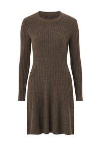 Braunes, geripptes Strickkleid mit langen Ärmeln und Rundhalsausschnitt, tailliert und mit ausgestelltem Rock.