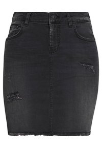 Černá džínová sukně se slim fit designem, s opotřebovanými detaily, roztrhaným lemem, předními kapsami a knoflíkovým zapínáním v pase.