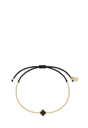 Justerbar sort snor armbånd med en delikat guldkæde og en sort firkløver ved midten, plus et lille gyldent hjerte i enden.