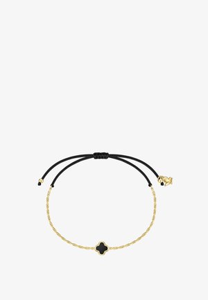 Justerbar sort snor armbånd med en delikat guldkæde og en sort firkløver ved midten, plus et lille gyldent hjerte i enden.
