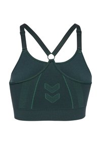 Grüner Sport-BH mit einem strukturierten Design, das ein V-förmiges Muster und einen zentralen Ringen verbindet. Verstellbare Träger, mittlere Unterstützung.