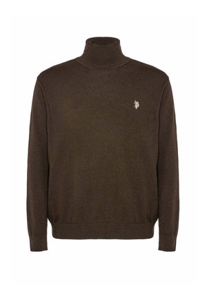 Maglione dolcevita marrone realizzato in morbido tessuto a maglia, con un sottile logo sul petto e polsini e orlo a coste.