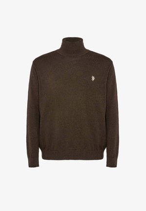 Maglione dolcevita marrone realizzato in morbido tessuto a maglia, con un sottile logo sul petto e polsini e orlo a coste.