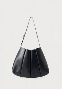 Black leather handbag with a gathered design, featuring pleats and a single adjustable strap. Smooth texture and no visible hardware details.