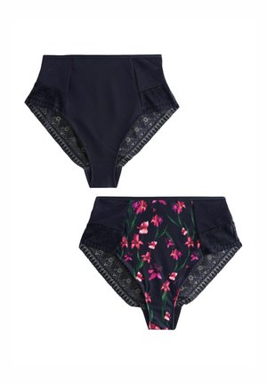 Culottes taille haute pour femmes en bleu marine avec des accents floraux. Comprend des détails en dentelle sur les côtés, deux modèles : bleu marine uni et motif floral.