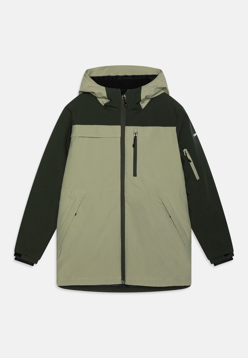 Green and light green hooded jacket with a front zipper, two side pockets, and an additional chest pocket, featuring a sleek design.