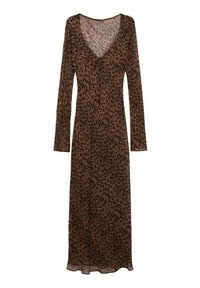 Lange, doorzichtige bruine jurk met een leopardenprint, V-halslijn en lange mouwen, met een strikdetail aan de voorkant. Glad van textuur.