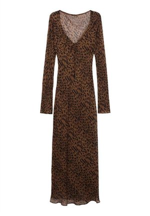 Long, sheer brown dress with a leopard print pattern, V-neckline, and long sleeves, featuring a tie detail at the front. Smooth texture.