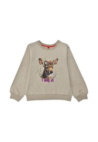 Heather beige sweatshirt with a round neck, ribbed cuffs, featuring a deer graphic adorned with flowers and the text "I mog di" in purple.