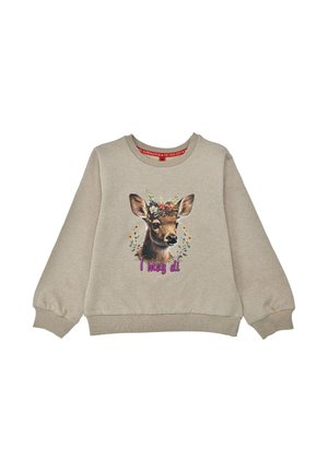 Hellgrauer Pullover mit rundem Hals, gerippten Bündchen, mit einem Hirschmotiv, das mit Blumen verziert ist und dem Text "I mog di" in Lila.