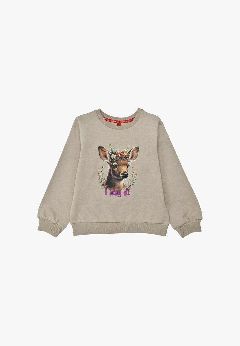 Heather beige sweatshirt with a round neck, ribbed cuffs, featuring a deer graphic adorned with flowers and the text "I mog di" in purple.