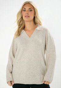 Beige Strickpullover mit V-Ausschnitt und Kragen, langen Ärmeln und lässiger Passform. Sanfte Textur mit dezenten Farbvariationen.