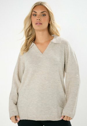 Maglione beige a maglia con scollatura a V e colletto, maniche lunghe e vestibilità rilassata. Texture morbida con leggere variazioni di colore.