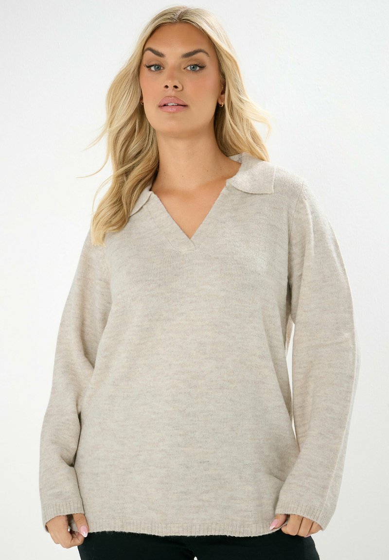 Beige Strickpullover mit V-Ausschnitt und Kragen, langen Ärmeln und lässiger Passform. Sanfte Textur mit dezenten Farbvariationen.