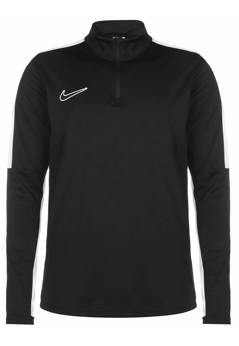 Schwarzes Langarm-Sportoberteil mit hohem Kragen, Reißverschluss am Hals, weißen Seitenstreifen und kleinem weißen Nike-Logo auf der Brust.