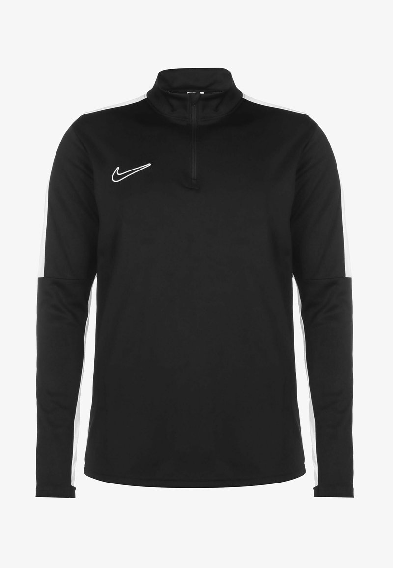 Schwarzes Langarm-Sportoberteil mit hohem Kragen, Reißverschluss am Hals, weißen Seitenstreifen und kleinem weißen Nike-Logo auf der Brust.