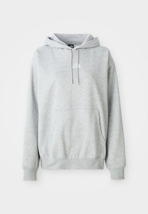 Világosszürke kapucnis pulóver elülső kenguruzsebbel, húzózsinórral ellátott sapkával, bordás mandzsettával, és kis fehér "The North Face" logóval a mellkason.