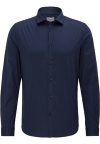 Marineblauw overhemd met lange mouwen en knopen, voorzien van een kraag, met een sluiting aan de voorkant en een gladde, gestructureerde stof.