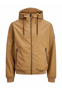 Veste à capuche marron clair zippée avec cordons noirs et poches latérales zippées, poignets et ceinture côtelés.
