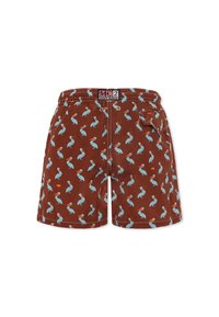 Pantaloni da bagno marroni con motivo a pellicano blu ripetuto e dettagli arancioni. Include una tasca sul retro e una cintura elastica.