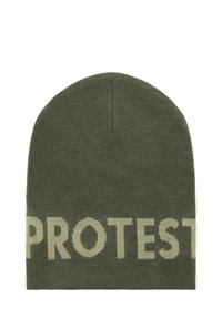 Berretto lavorato a maglia in verde oliva con lettering "PROTEST" in crema. Texture morbida, design elasticizzato e cucitura superiore dritta.