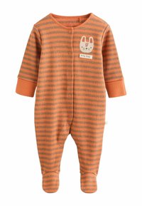 Randig bodysuit i orange och grått, tillverkad av mjukt material. Har långa ärmar, ribbade muddar, framknappar och en kanin grafikdetalj.
