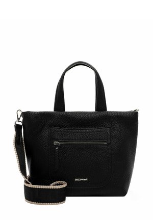 Black textured leather handbag with two top handles, adjustable shoulder strap, front zip pocket, and subtle logo detail on the front.