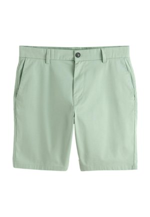 Jasnozielone męskie spodenki z pętlami na pasek, zapięciem na guziki z przodu i bocznymi kieszeniami, prezentowane na białym tle.