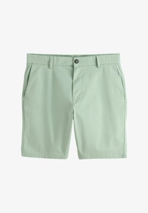 Pantaloni scurți de bărbați verde deschis cu bucle pentru curea, închidere frontală cu nasture și buzunare laterale, afișați pe fundal alb.