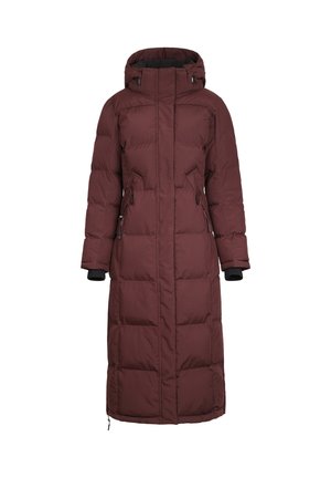 Bordeaux polstret frakk med hette, lang design, glidelås foran, sidelommer og elastiske mansjetter for varme og komfort. Glatt tekstur.