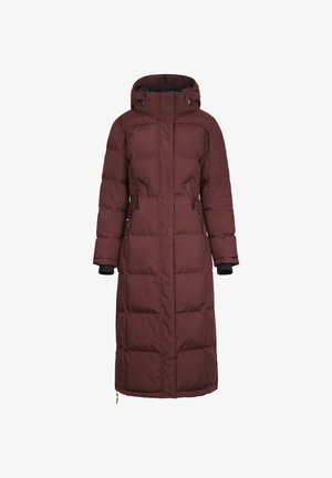 Bordeaux polstret frakk med hette, lang design, glidelås foran, sidelommer og elastiske mansjetter for varme og komfort. Glatt tekstur.