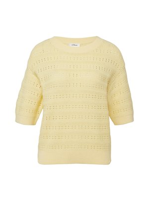 Hellgelber, kurzärmeliger Strickpullover mit horizontalen, strukturierten und perforierten Streifen, geripptem Rundhalsausschnitt und Saum.