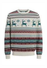 Gebreide trui met een ronde hals, met een geometrisch patroon van teal rendieren en sneeuwvlokken op een beige achtergrond met bordeauxaccenten.