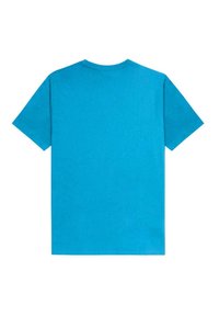 Camiseta de algodón turquesa con mangas cortas, escote redondo y sin patrones o adornos visibles. La vista trasera muestra un color sólido.