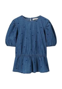 Haut en denim avec de courtes manches bouffantes, en tissu bleu, parsemé de motifs de cœurs bleu foncé, taille smockée et ourlet en peplum. Fermeture en clé à l'arrière.