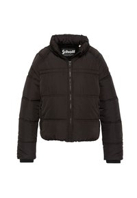 Sort puffervest med lynlås foran, ribbede manchetter og hætte. Har et quiltet design med vandrette linjer og en ensartet tekstur.