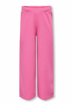 Pink ribbed wide-leg pants with a soft texture and elastic waistband, featuring a subtle seam at the bottom for added detail.