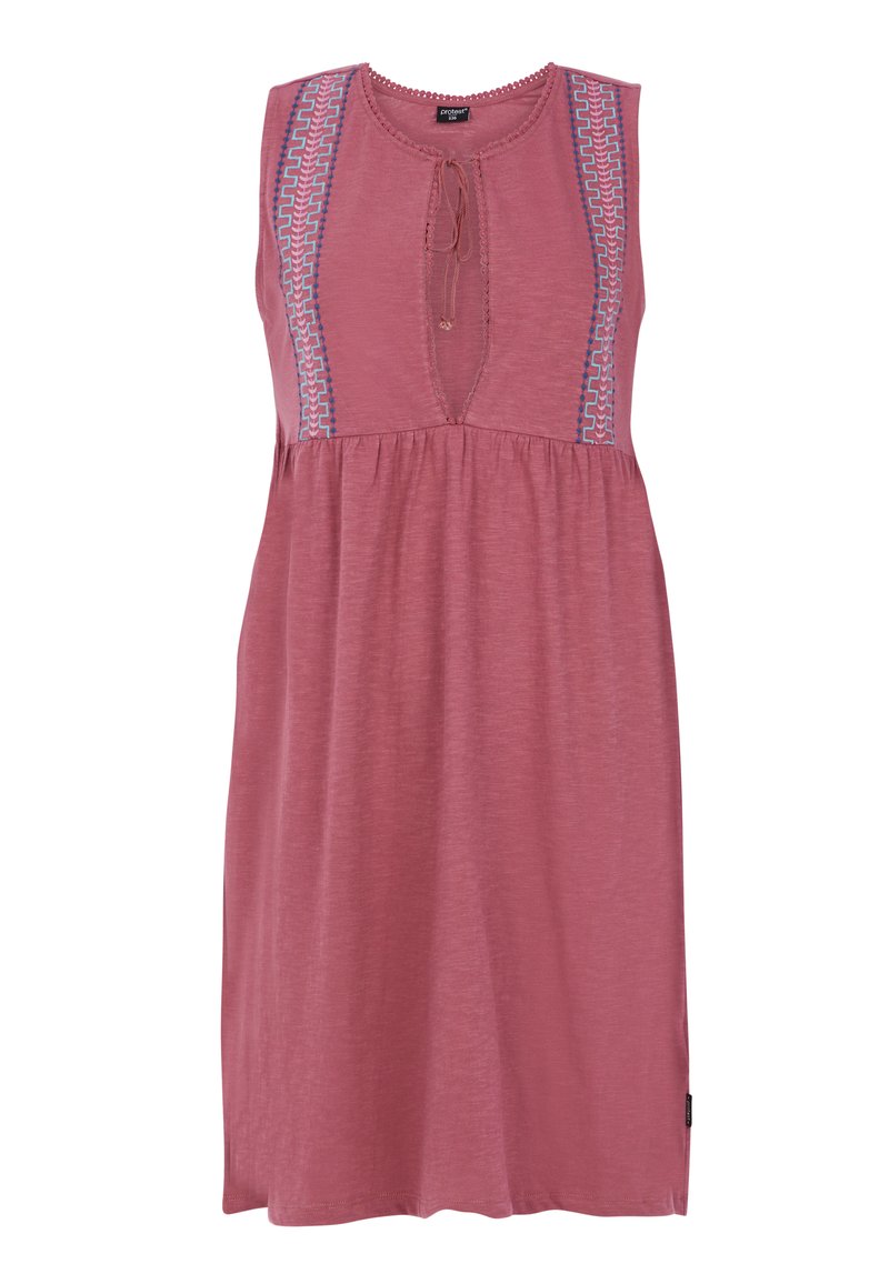 Vestido sin mangas de color rosa con escote en V, bordado decorativo azul a lo largo del cuerpo, cintura fruncida y tejido suave.