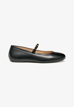 Ballerine in pelle nera con punta arrotondata, cinturino alla caviglia e dettagli in oro. Tessuto liscio, tacco basso e design minimalista.